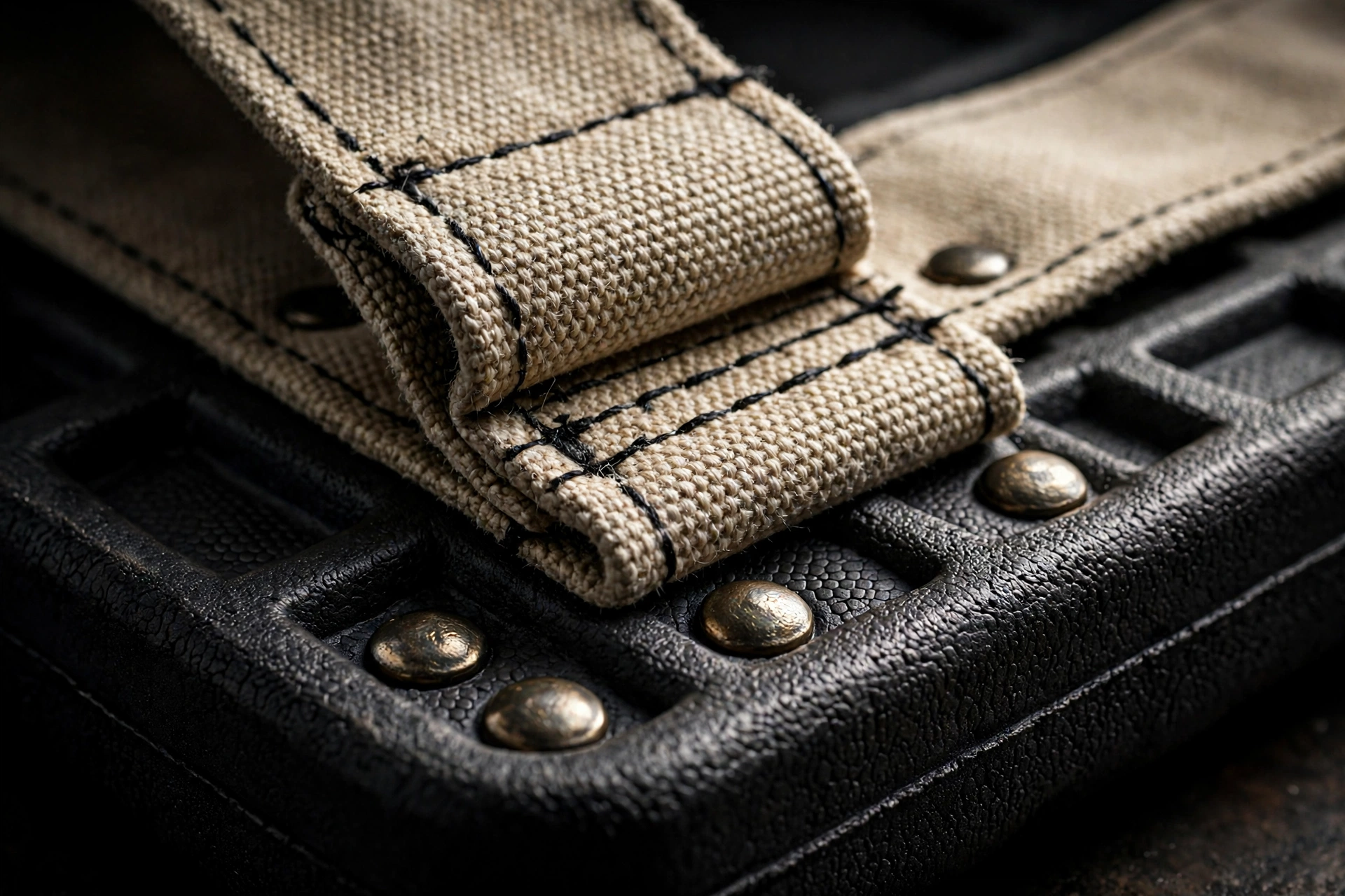 Reinforced canvas tote strap stitched to the molded EVA base with heavy stitching