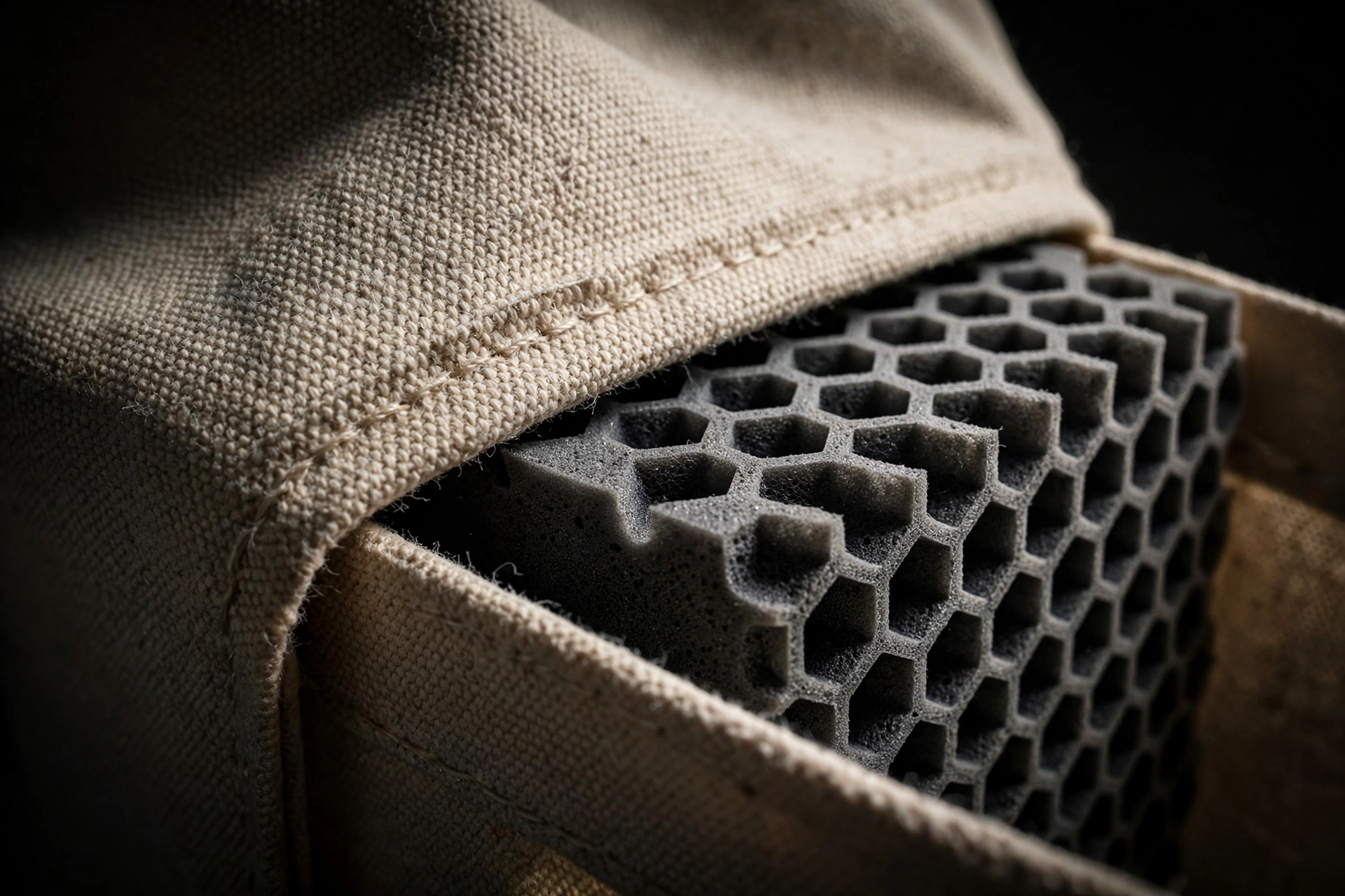 Structured EVA wall insert inside the canvas tote keeping the bag upright