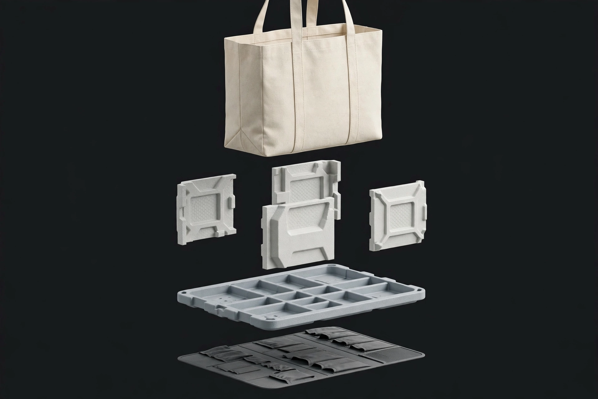 Exploded view of the canvas tote showing separated layers: canvas outer shell, structured EVA wall inserts, molded EVA base tray, organizer pocket layer