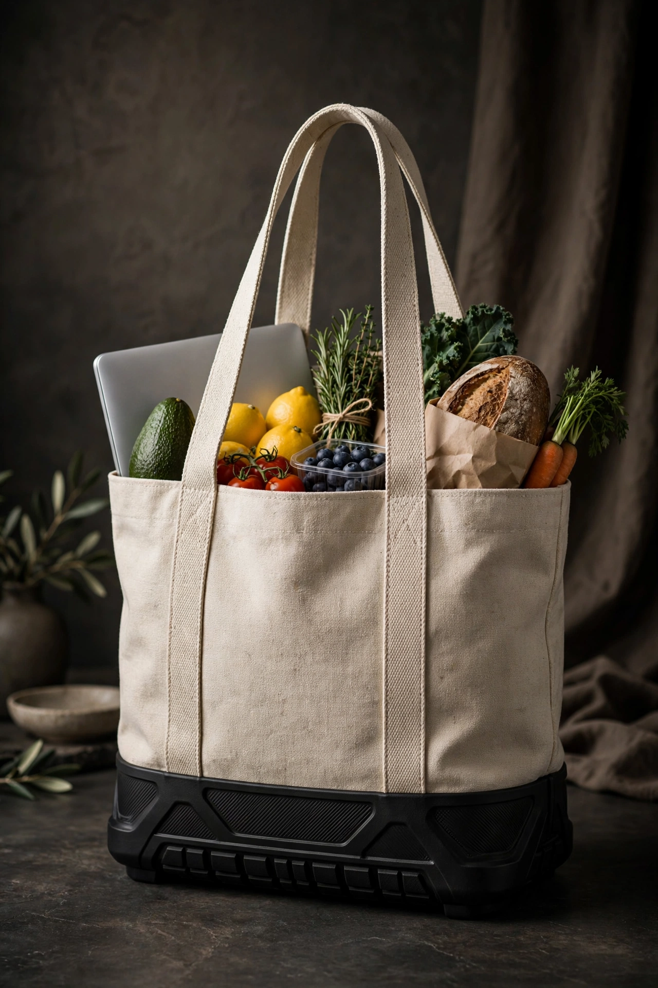 Canvas tote with molded EVA base standing upright with groceries and laptop
