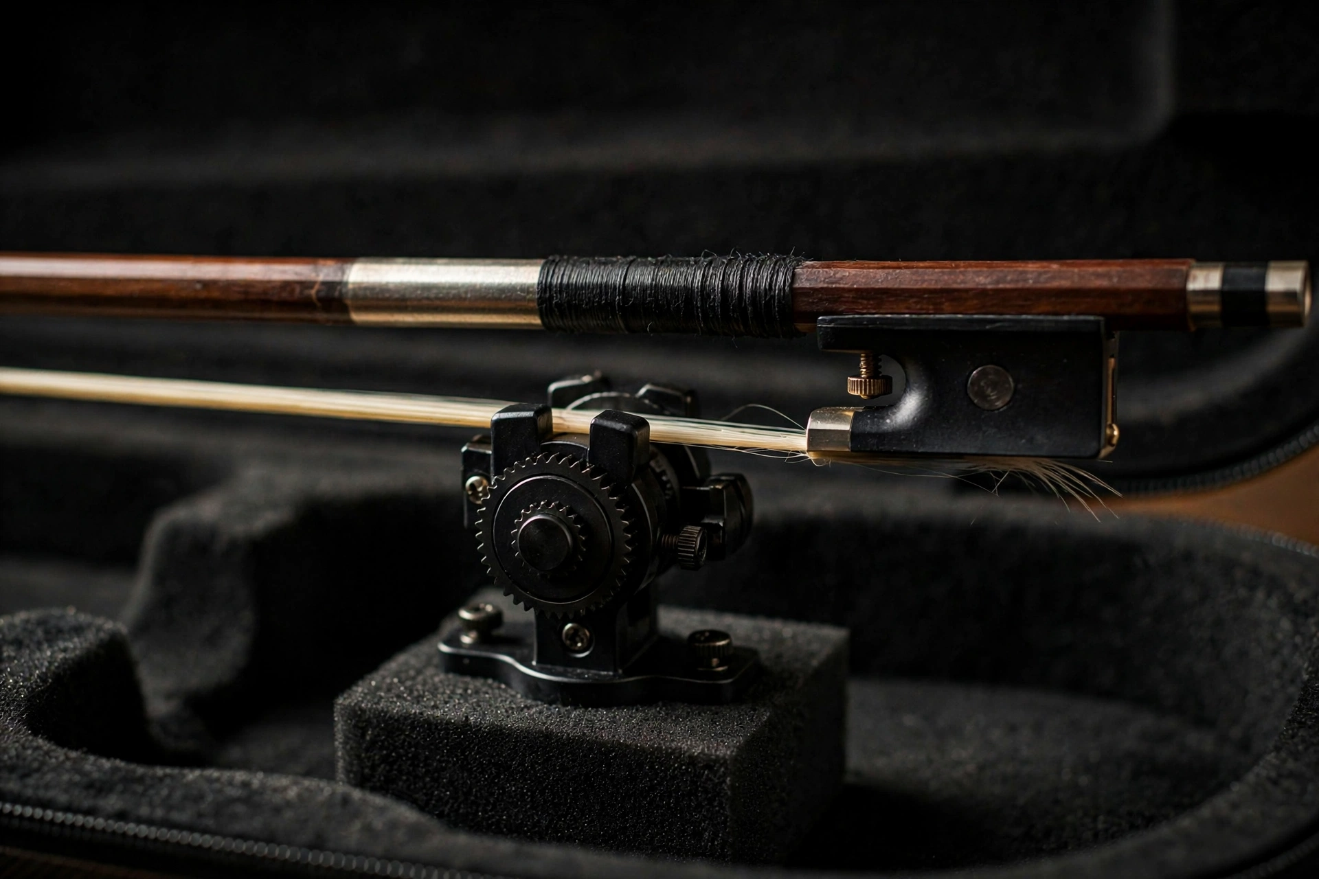 Violin bow locked in a spinner holder inside the EVA violin case