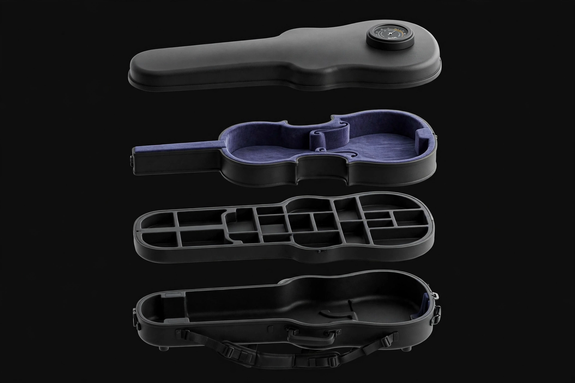 Exploded view of the black molded EVA violin case showing separated layers: top shell with hygrometer, plush body cavity tray, accessory layer, base shell with straps