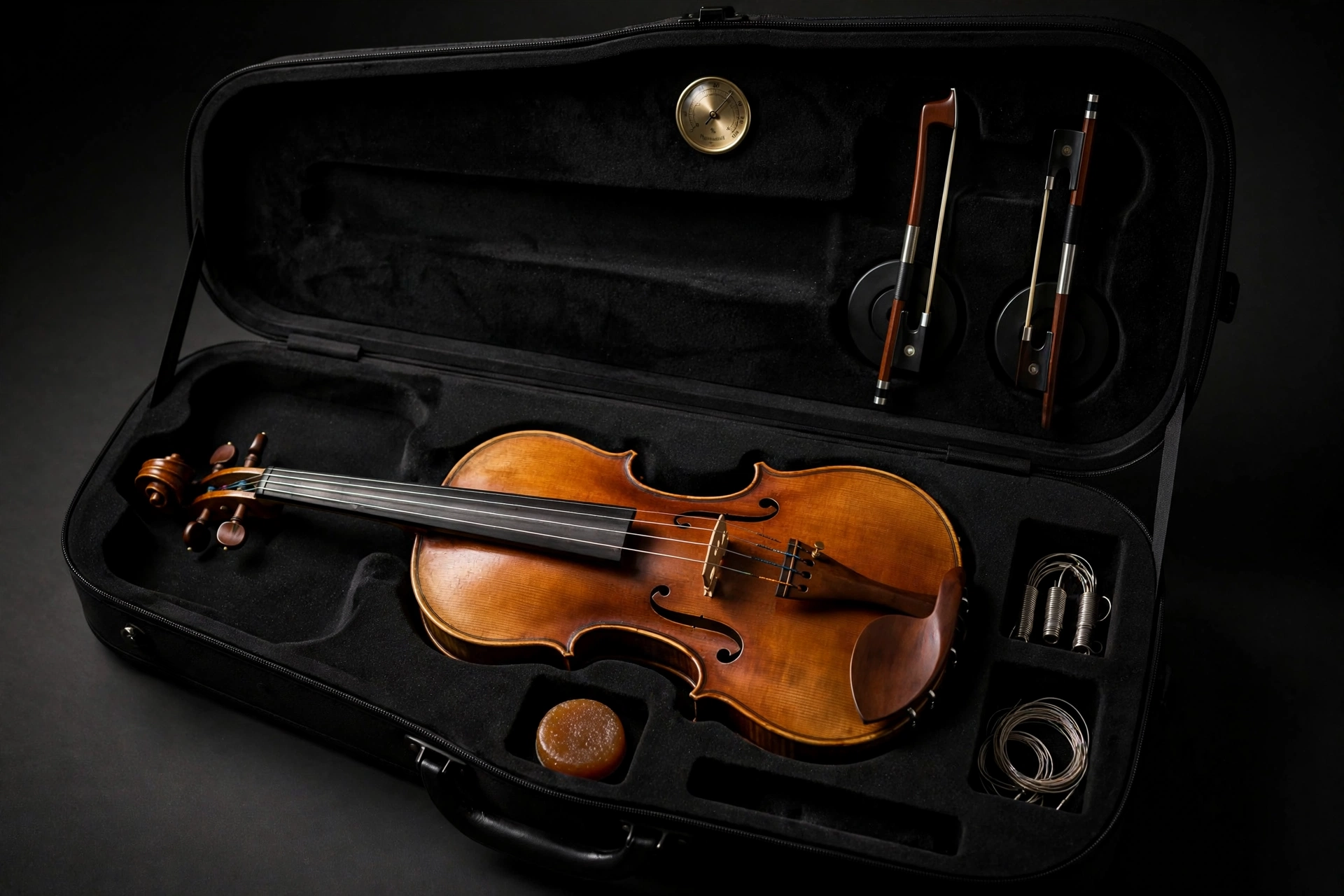 Black molded EVA violin case with a violin in the body cavity, bows on spinners, hygrometer
