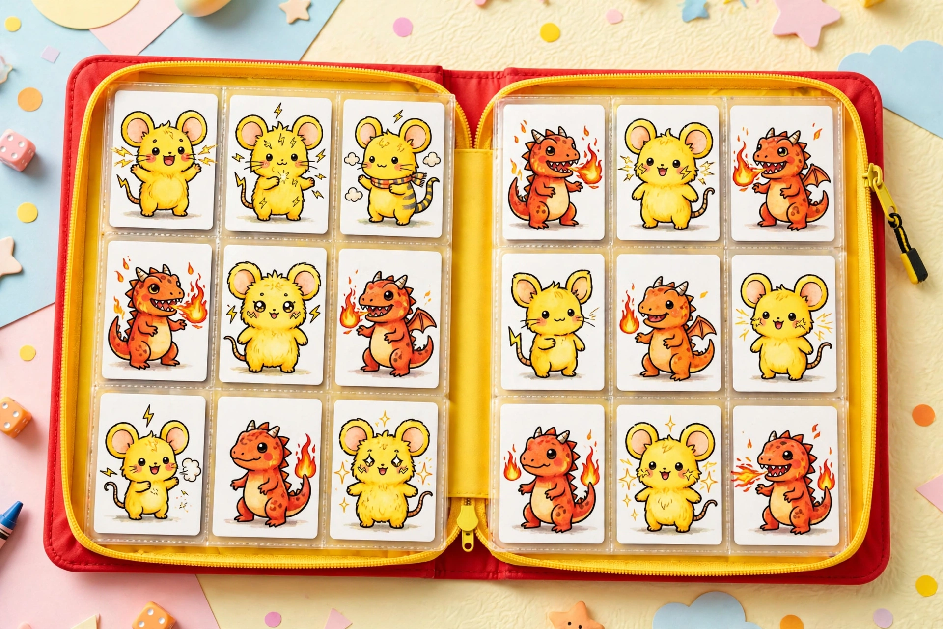 Red and yellow EVA zippered 9-pocket trading card binder with Pokémon-style monster cards