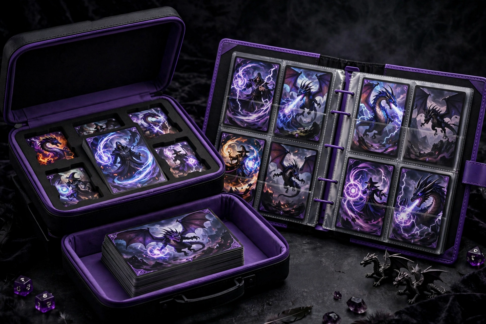 Black and purple EVA deck box and card binder combo with Magic-style fantasy cards