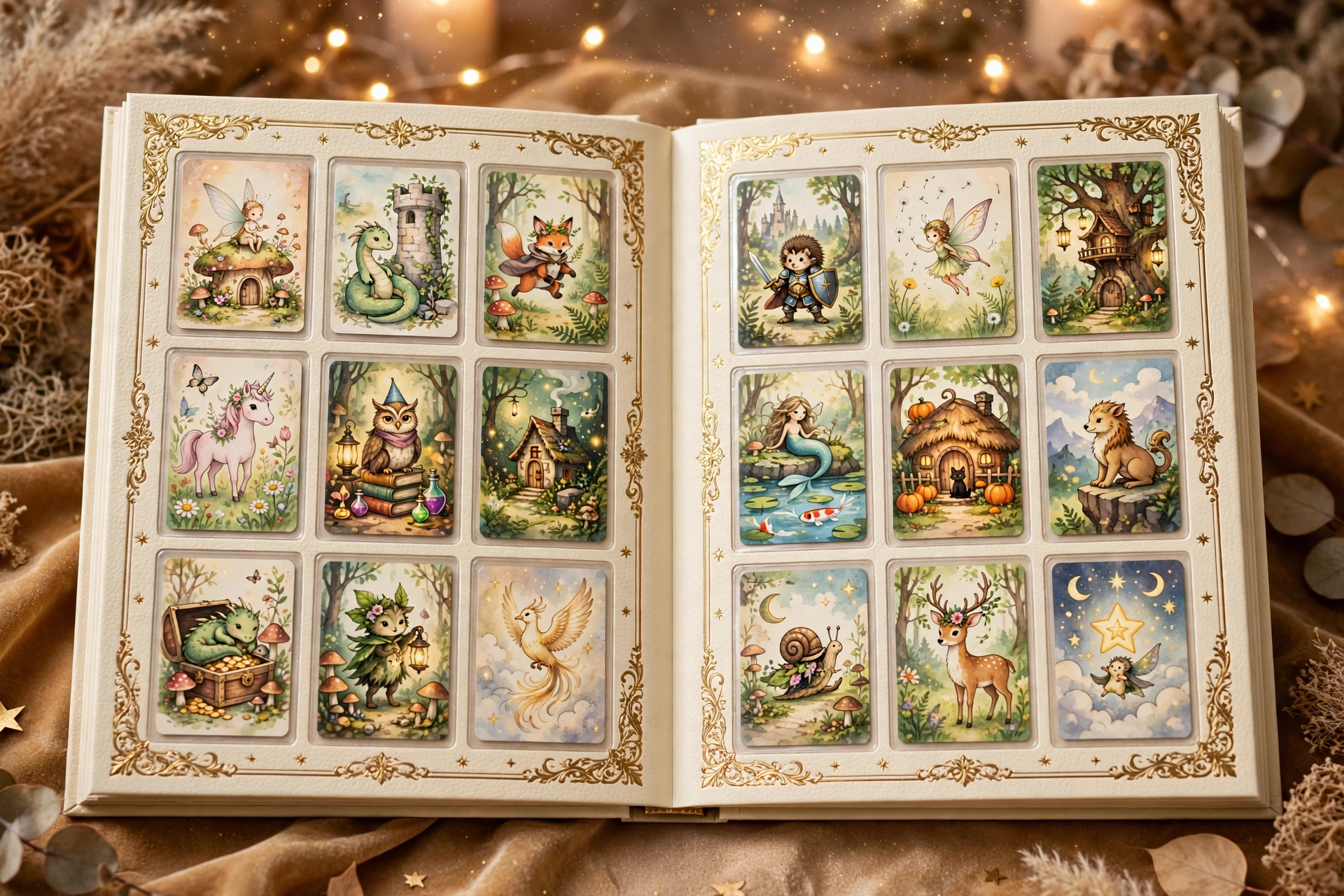 Cream and gold storybook-style EVA trading card album with fairy-tale cards, Lorcana-style