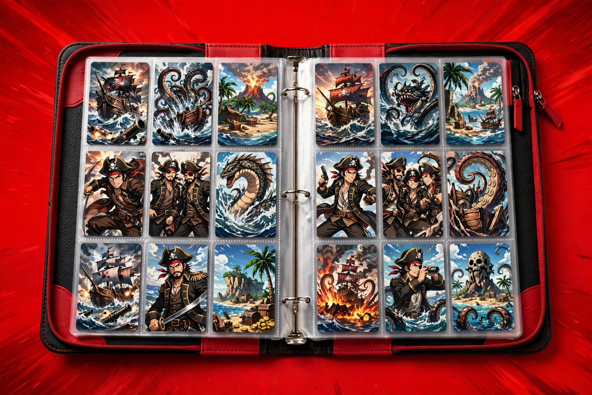 Red and black anime-style EVA trading card binder with pirate anime cards, One Piece-style