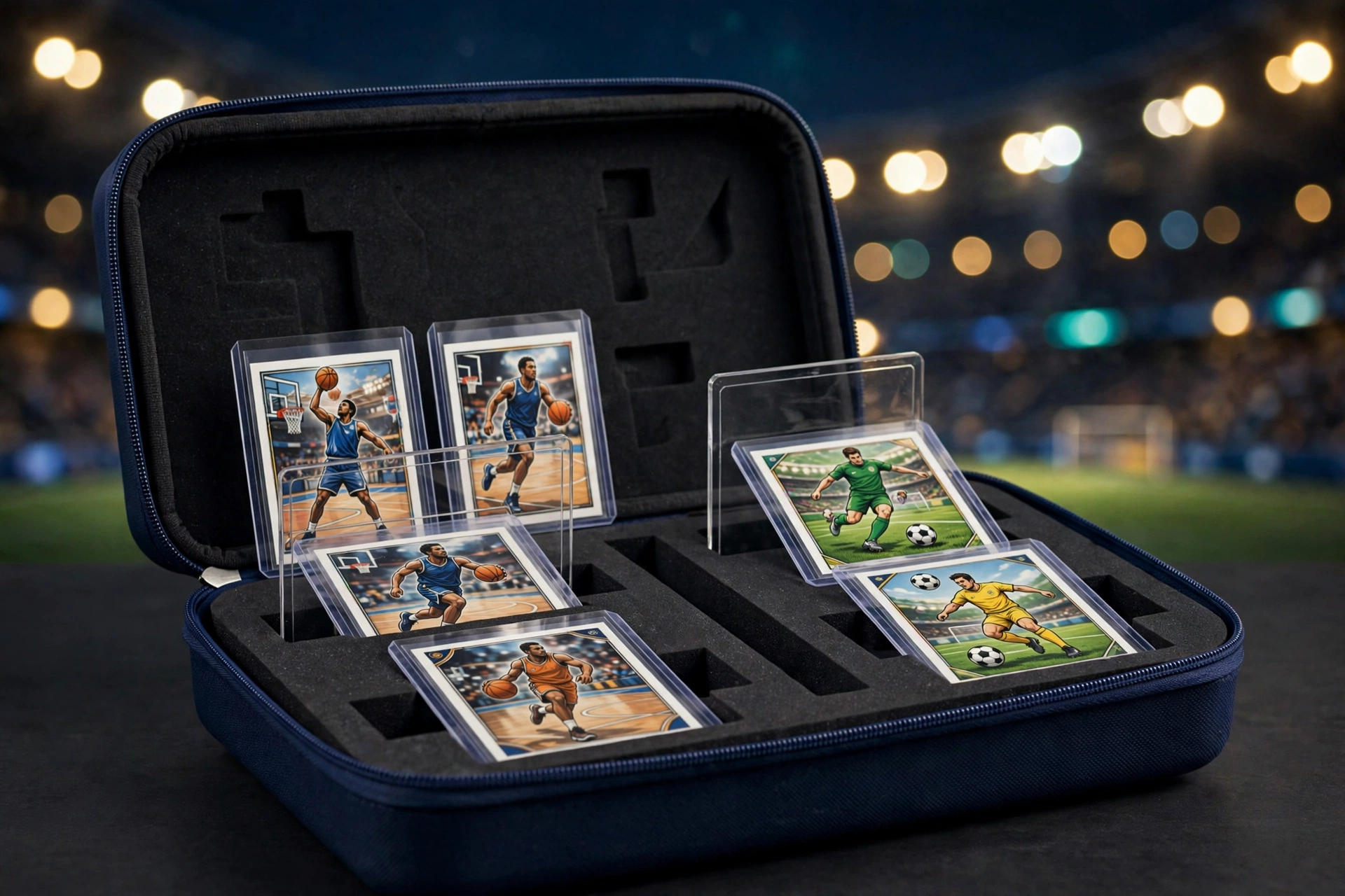 Navy EVA sports card vault with top-loader slots, stadium background