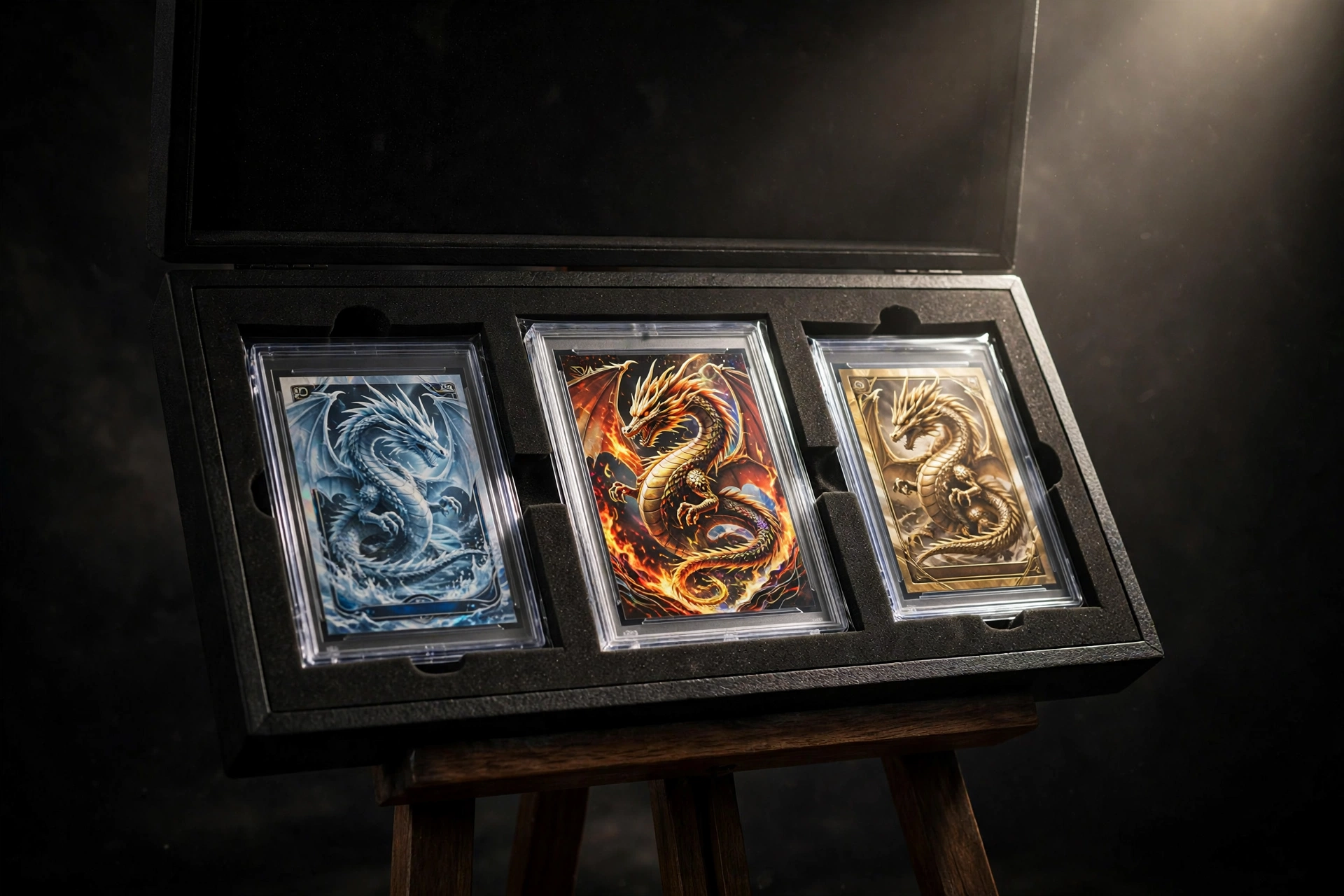 Black EVA graded slab display case on an easel with three encapsulated dragon grail cards