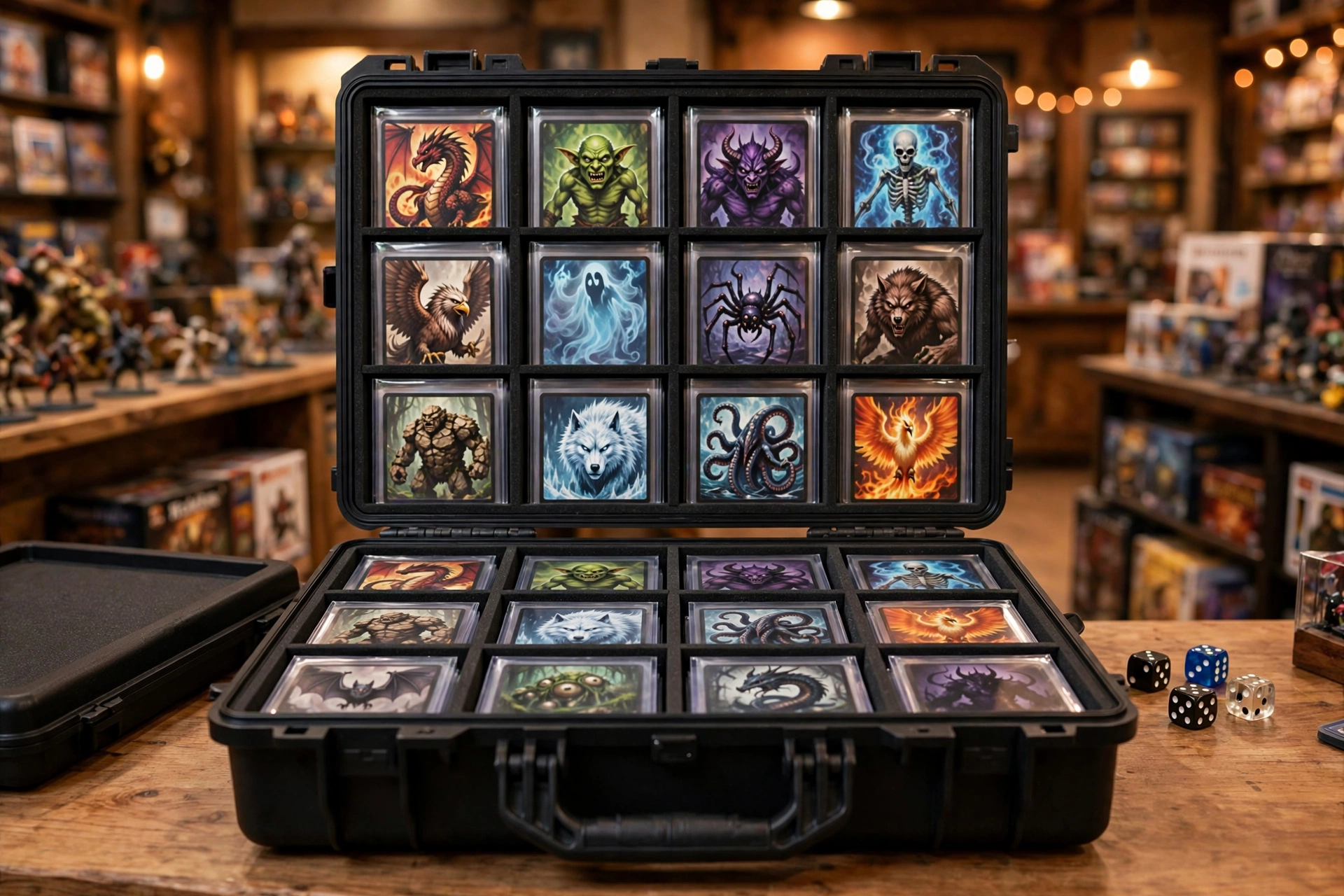 Black EVA hobby shop top-loader storage box full of fantasy trading cards on a game store counter