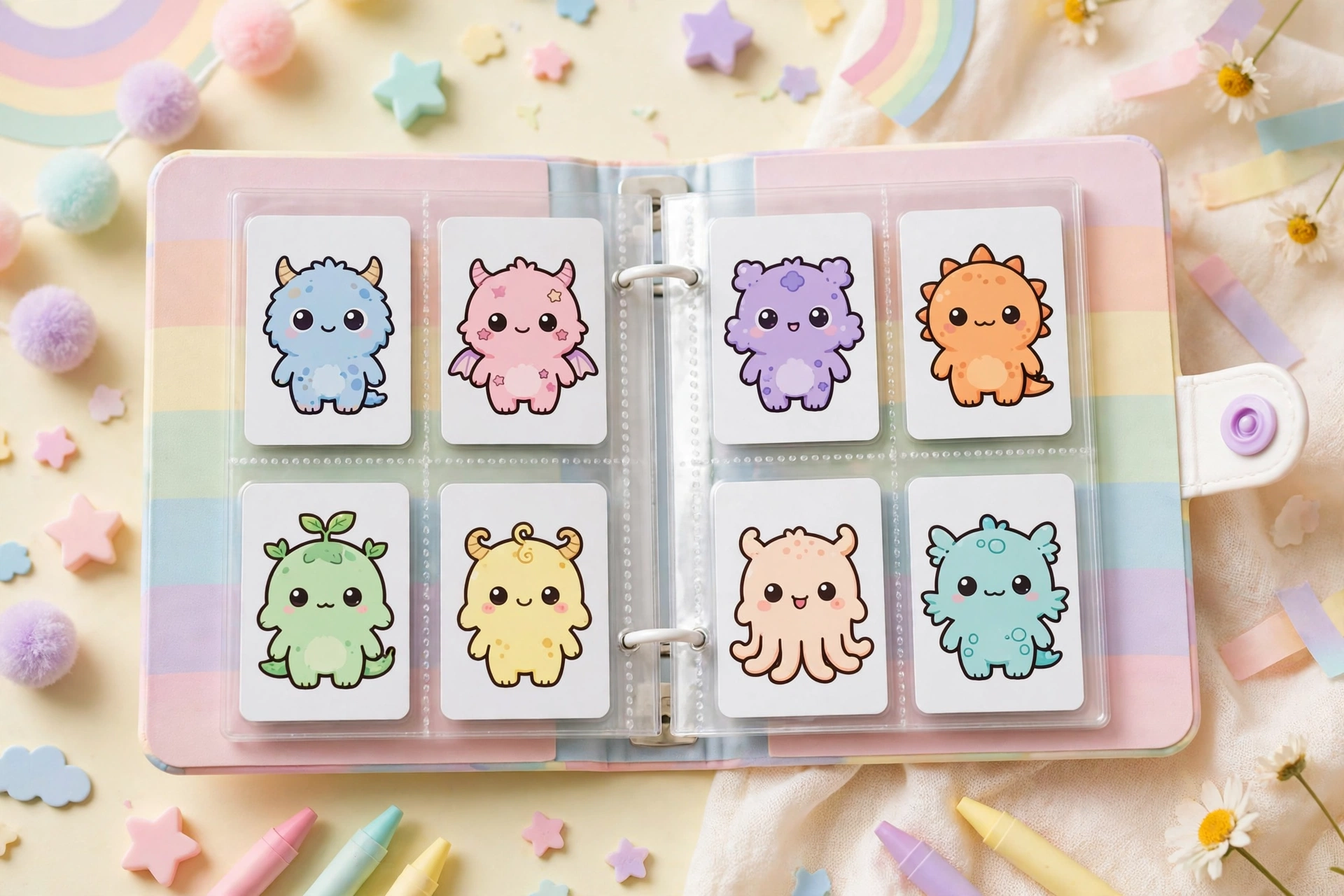 Pastel rainbow EVA snap mini trading card binder for kids with cute monster cards