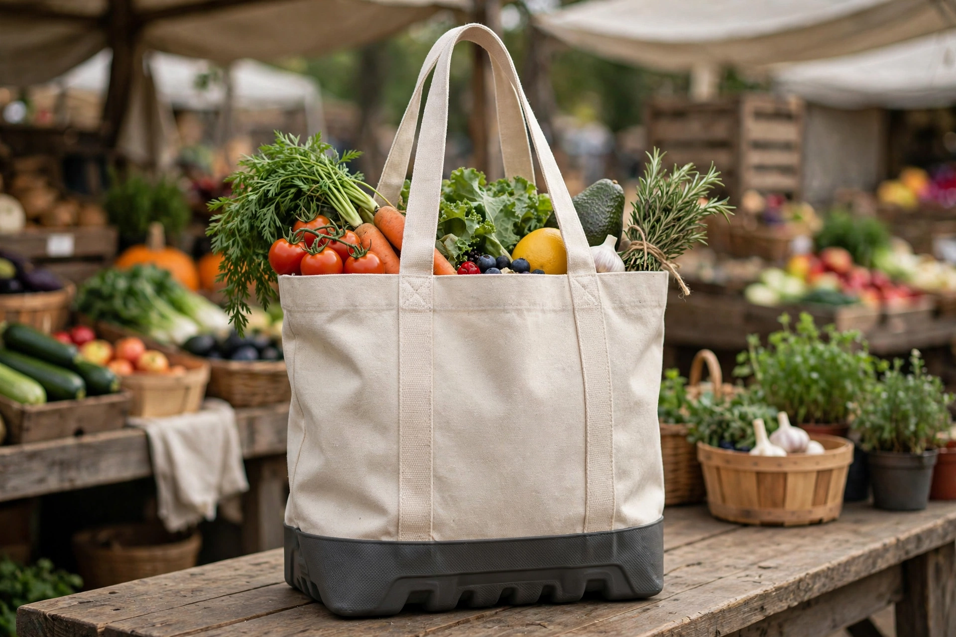 Canvas tote with structured EVA base at a farmers market with groceries