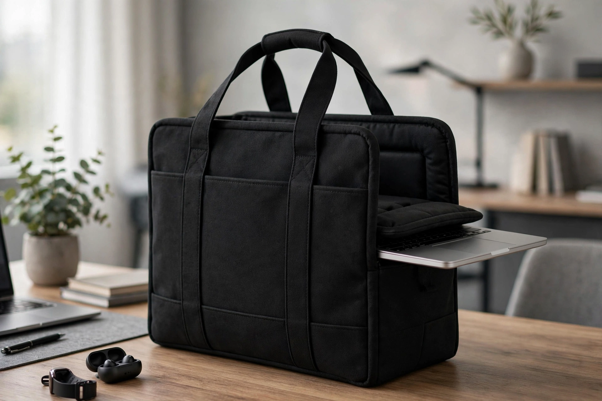 Black canvas laptop tote with structured EVA walls and padded sleeve