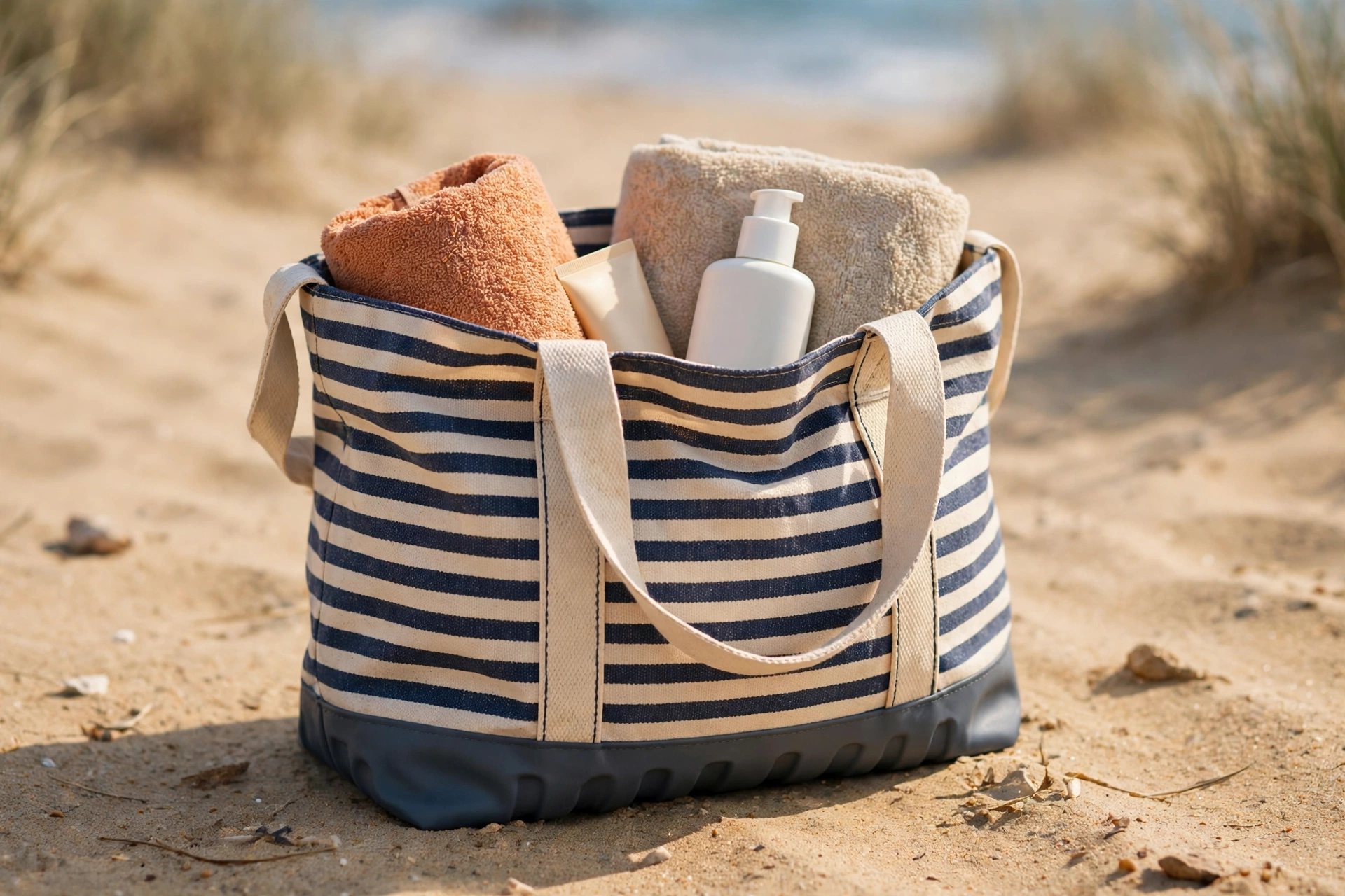 Striped canvas beach tote with waterproof EVA base