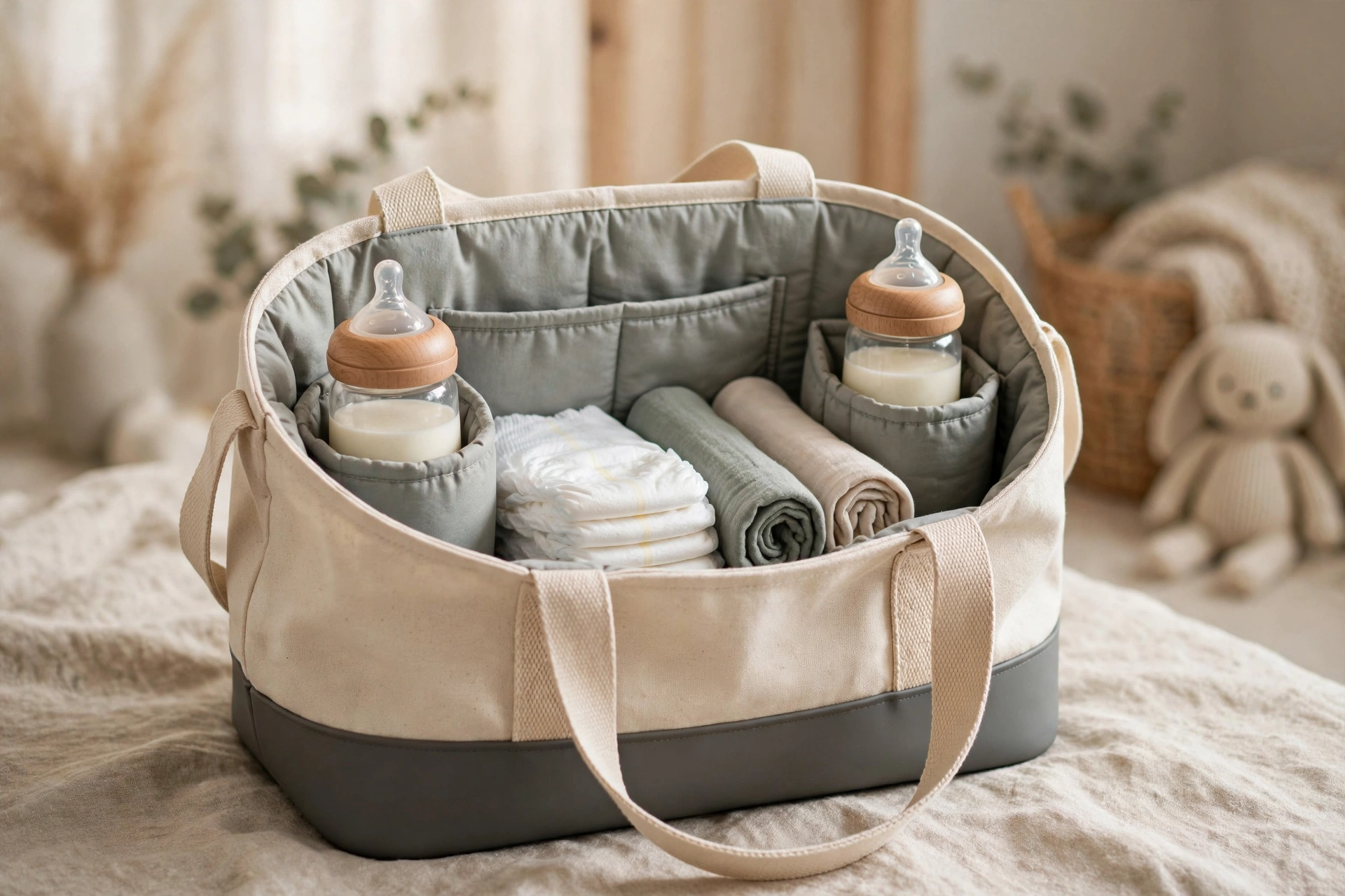 Canvas diaper tote with EVA base and insulated bottle pockets