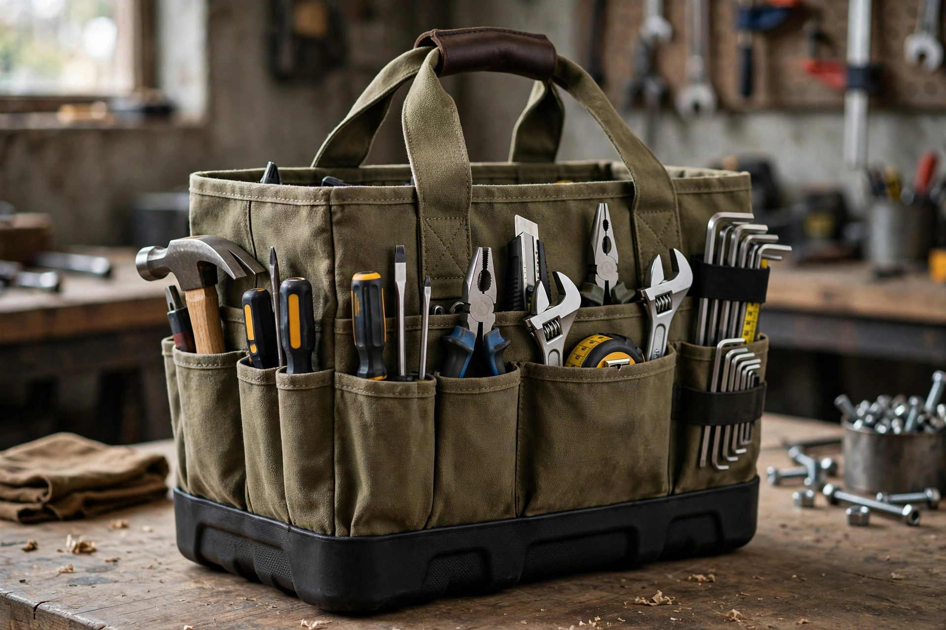 Heavy-duty canvas tool tote with molded EVA base in a workshop