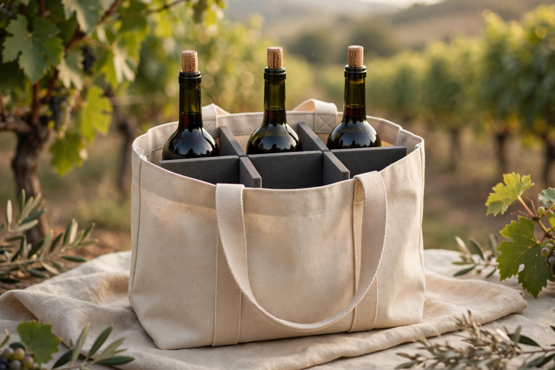 Canvas wine tote with EVA dividers holding wine bottles upright