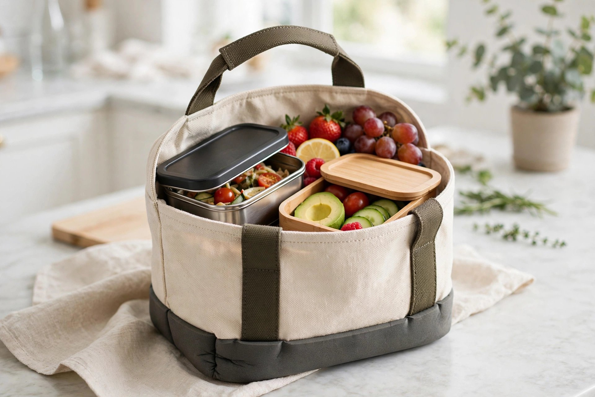Compact canvas lunch tote with insulated EVA base