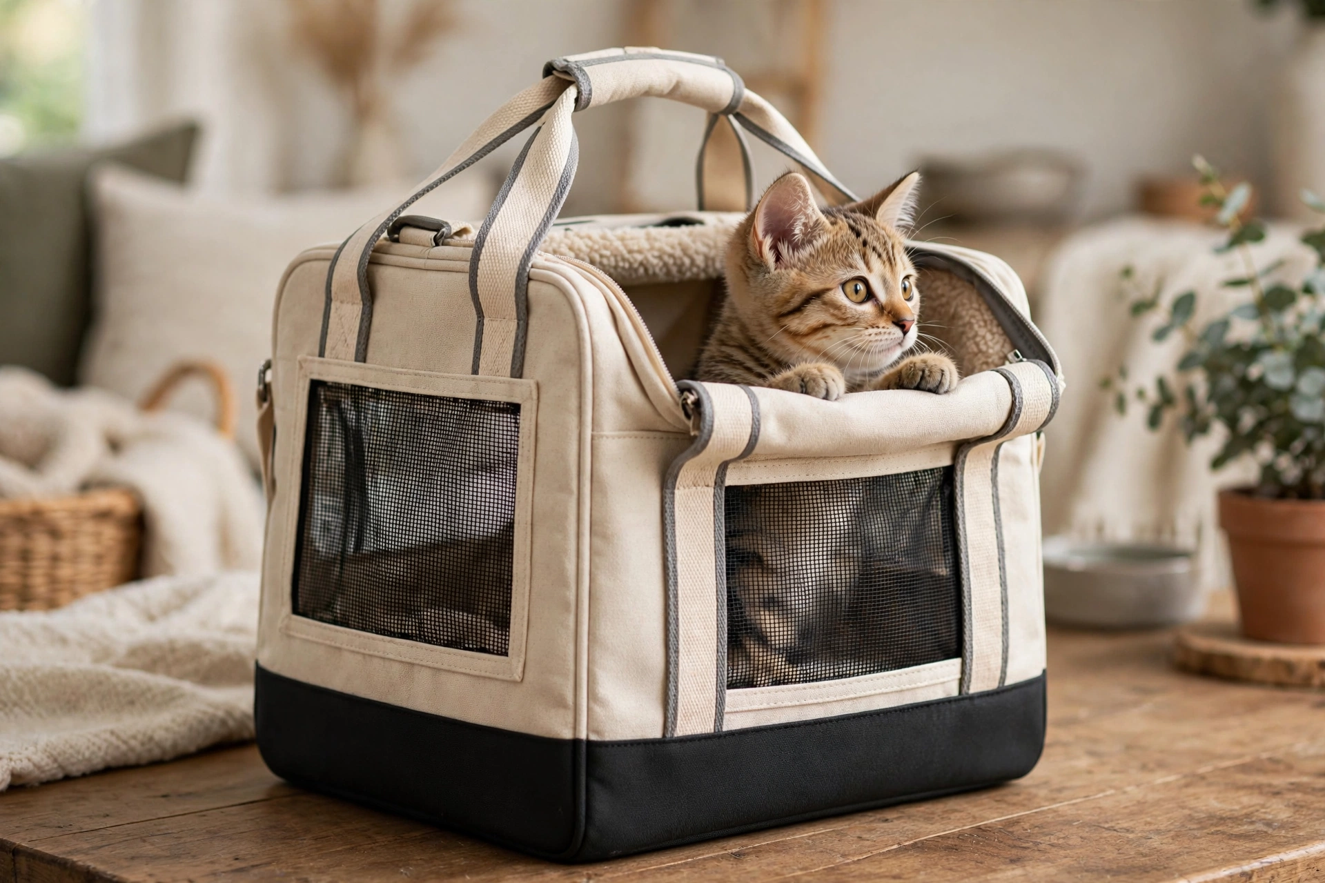 Canvas pet carrier tote with EVA base and mesh windows