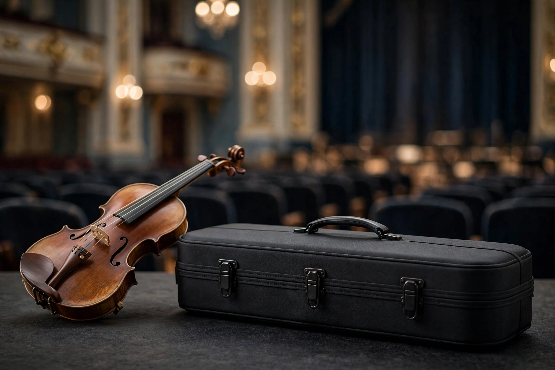 Black molded EVA violin case with a violin beside it in a concert hall