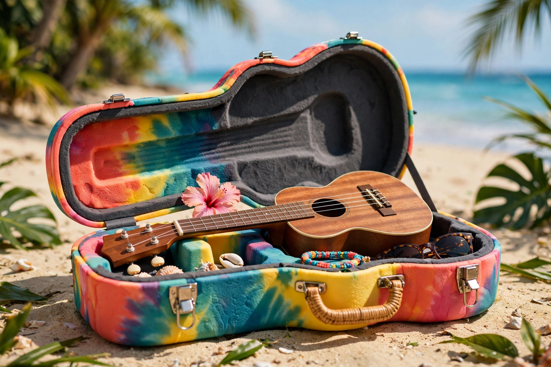 Colorful molded EVA ukulele case with a ukulele inside on a tropical beach