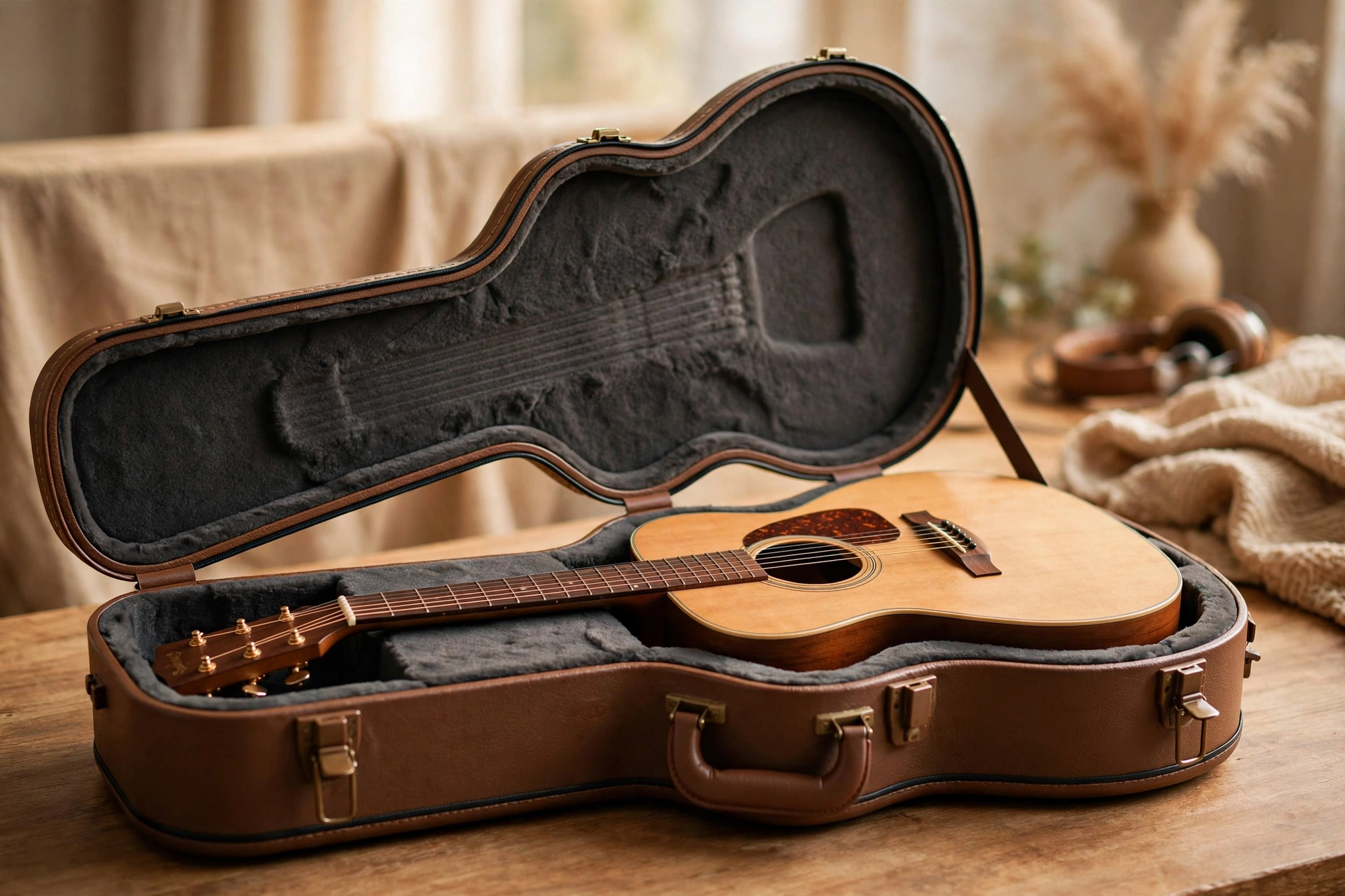 Brown molded EVA acoustic guitar case with an acoustic guitar inside