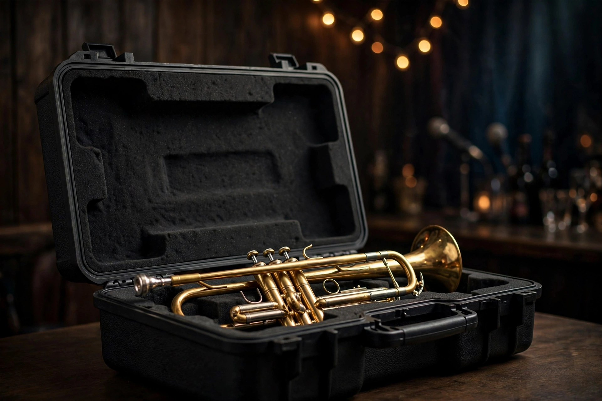 Black molded EVA trumpet case with a brass trumpet inside