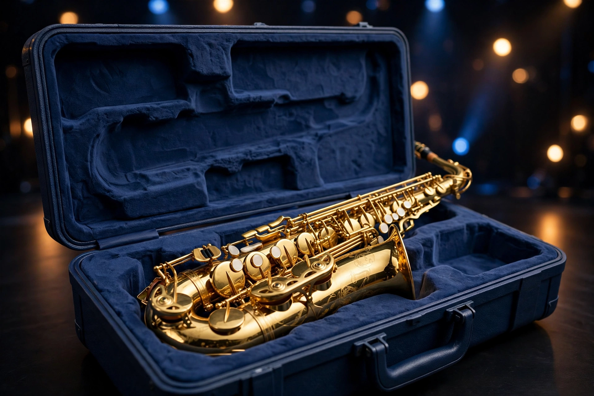 Deep blue molded EVA saxophone case with a golden saxophone inside