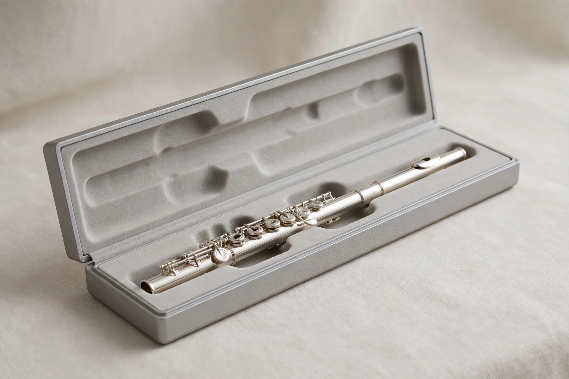 Silver-gray molded EVA flute case with a silver flute inside
