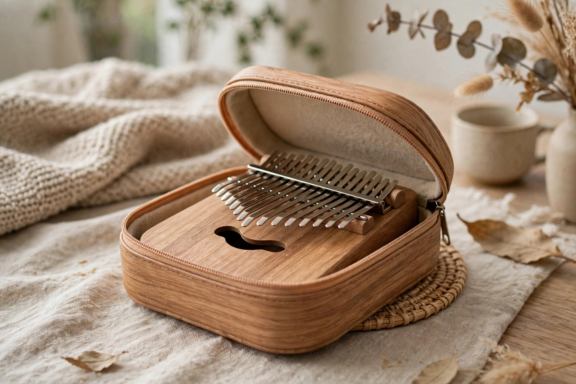 Wooden-look EVA kalimba pouch with a thumb piano inside