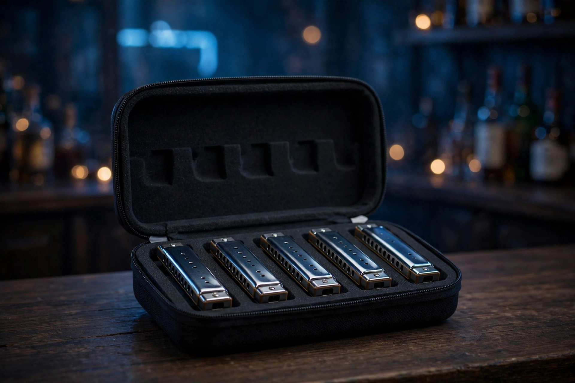 Black EVA harmonica case with blues harmonicas in slots